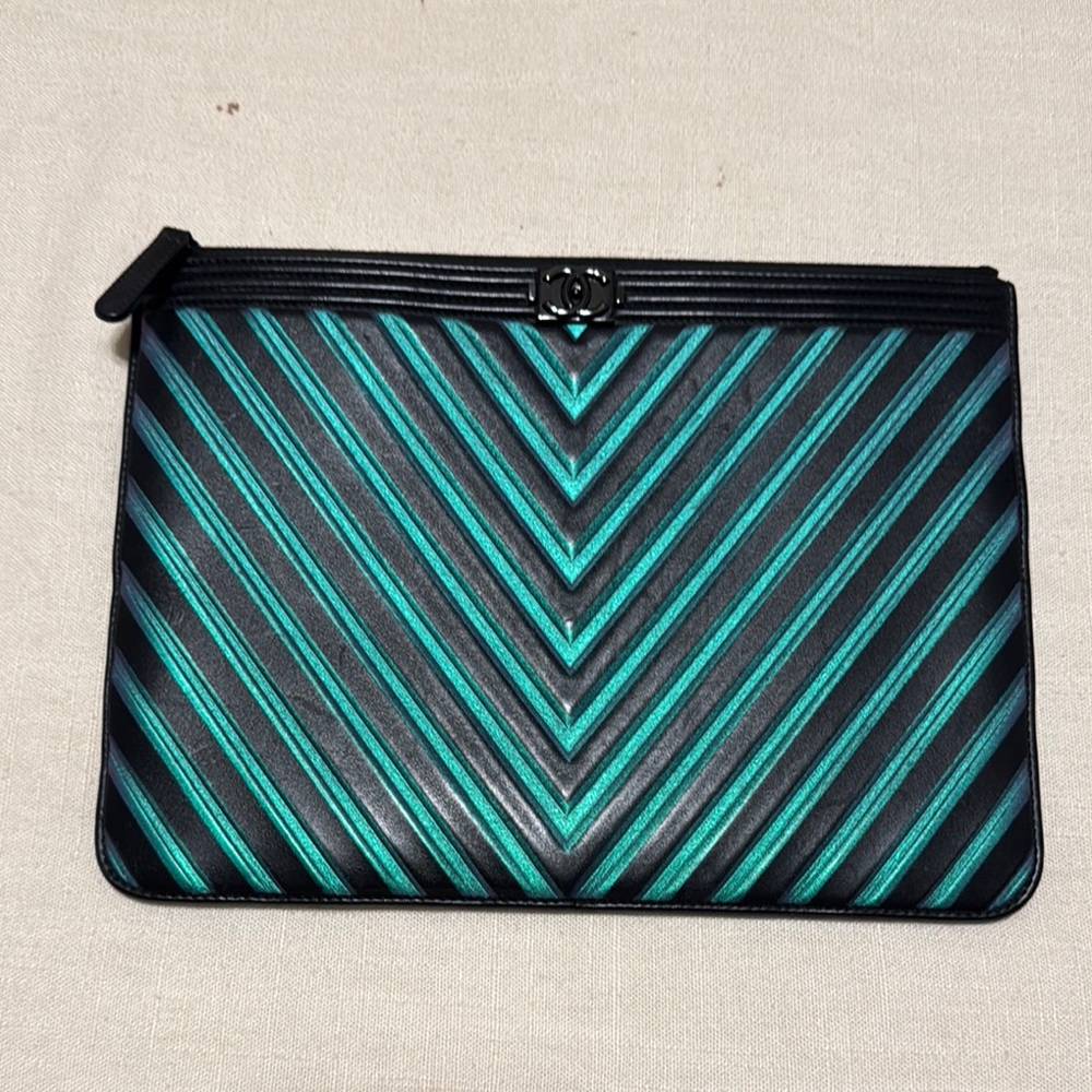 CHANEL Black and Teal Chevron Pouch